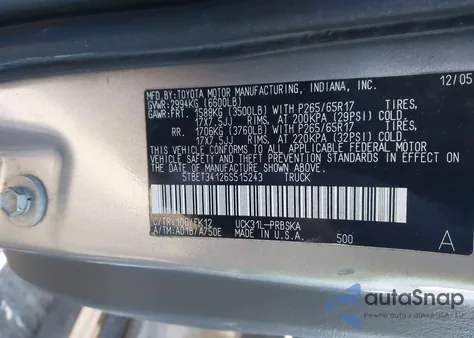 2006 Toyota Tundra Sr5 V8 из США, поврежденный, VIN 5TBET34126S515243